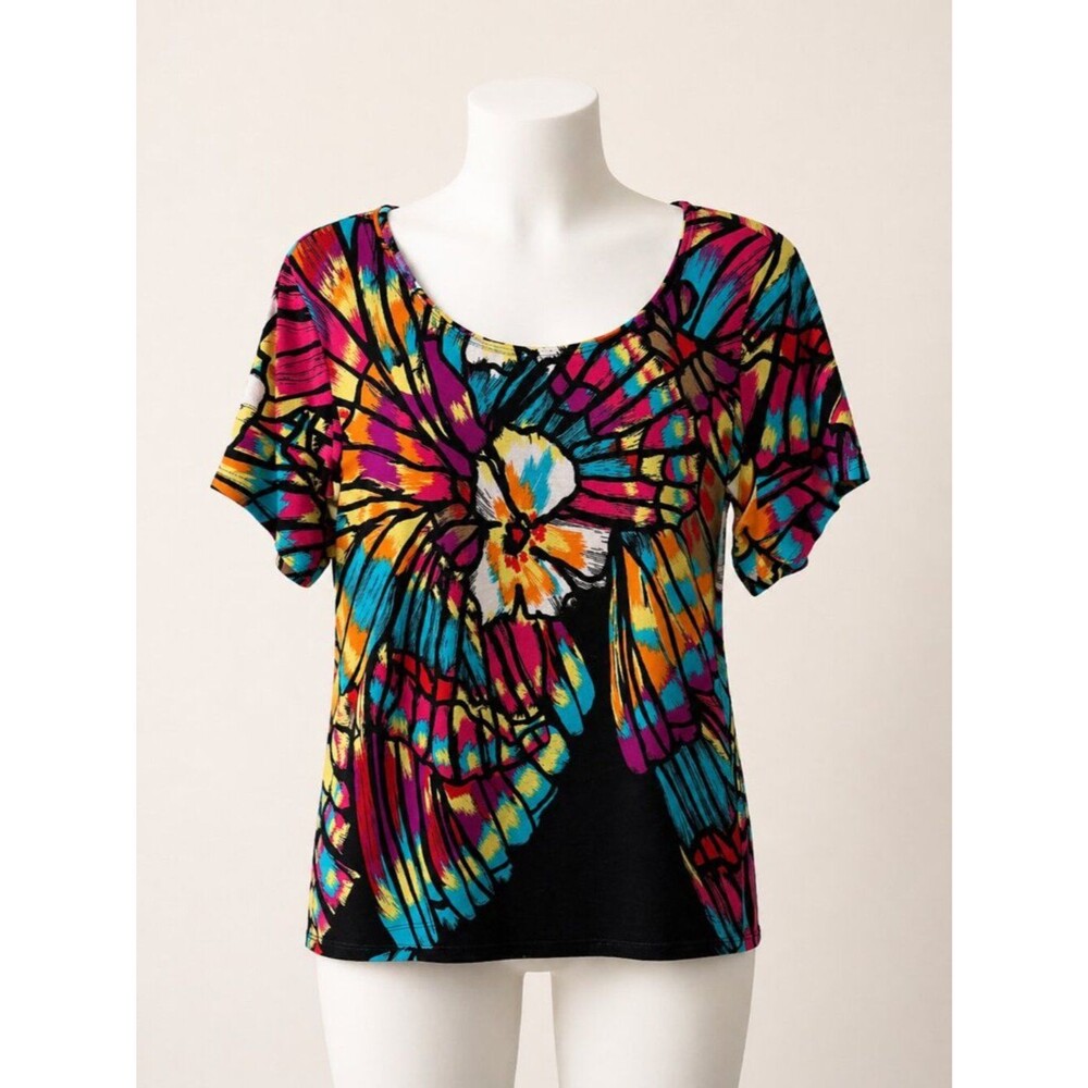 Investments Petites Abstract Floral Multicolor Short Sleeve Top – Size Large EUC